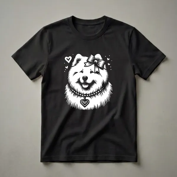 Black and white graphic t-shirt featuring a smiling Samoyed dog wearing a bow and a heart pendant, surrounded by small hearts.