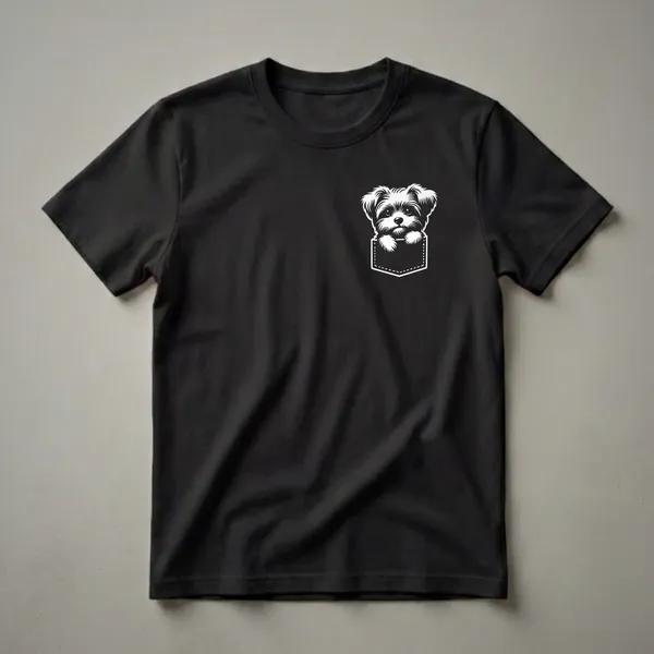 Black t-shirt with a white graphic of a small Morkie dog with fluffy fur peeking over the top edge of a faux pocket with stitched details.