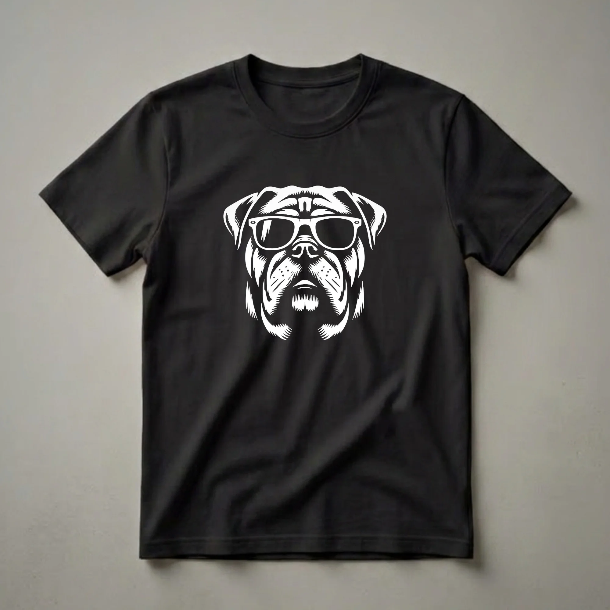 White graphic of a Bullmastiff dog wearing sunglasses, depicted with bold lines and a stern expression, on a black background.