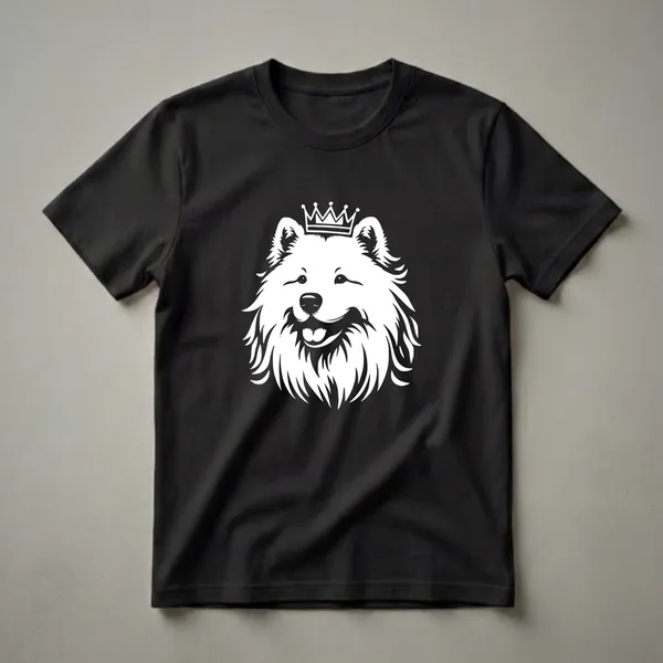 White graphic of a Samoyed dog wearing a crown, depicted on a black background, suitable for a t-shirt.