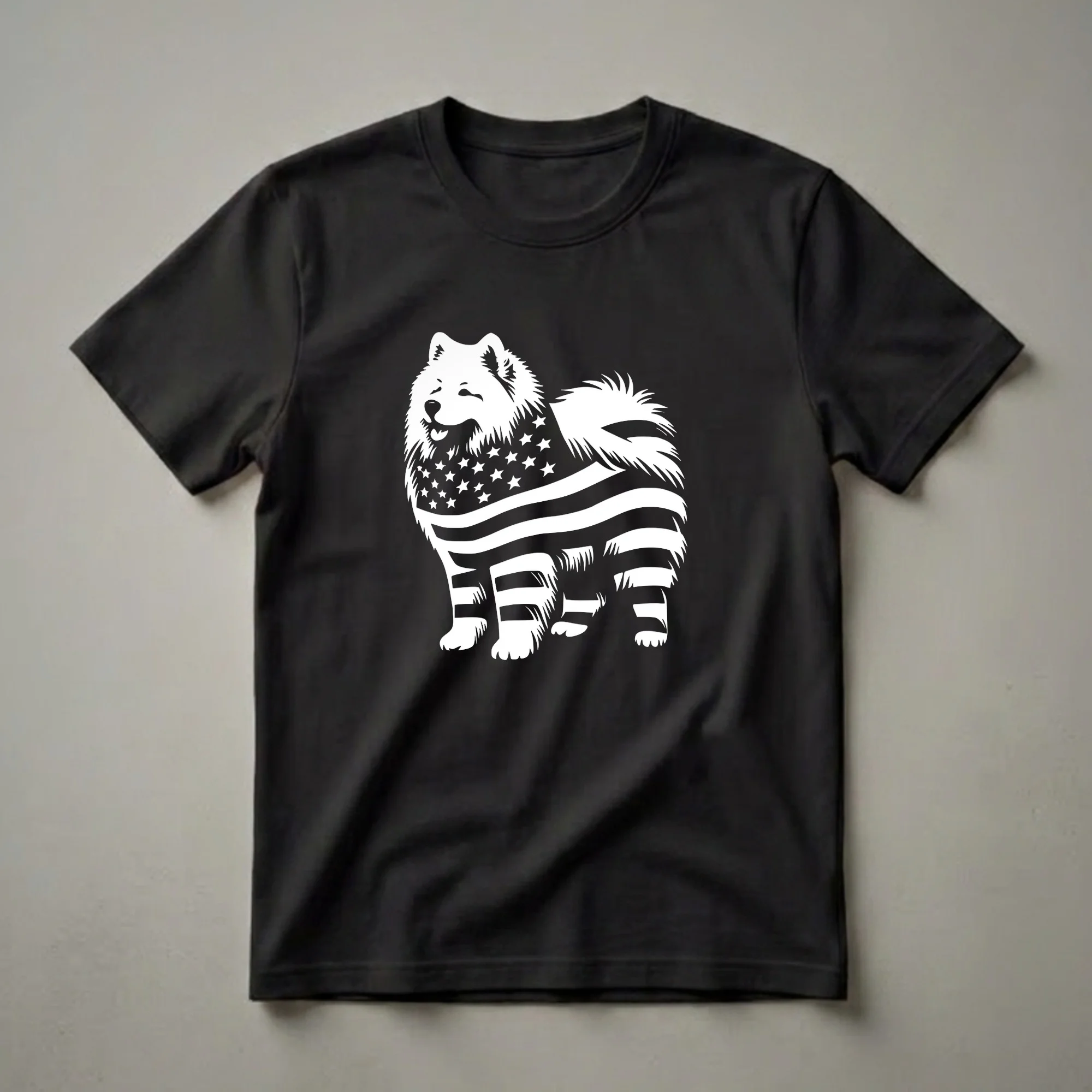 White stencil graphic of a Samoyed dog with the American flag design on a black t-shirt.