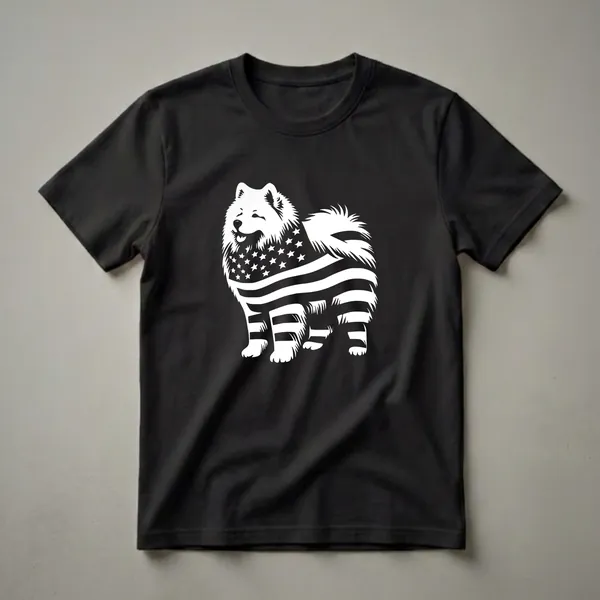 White stencil graphic of a Samoyed dog with the American flag design on a black t-shirt.