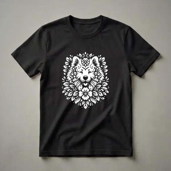 White floral graphic of a Samoyed dog's face surrounded by flowers and leaves on a black t-shirt.