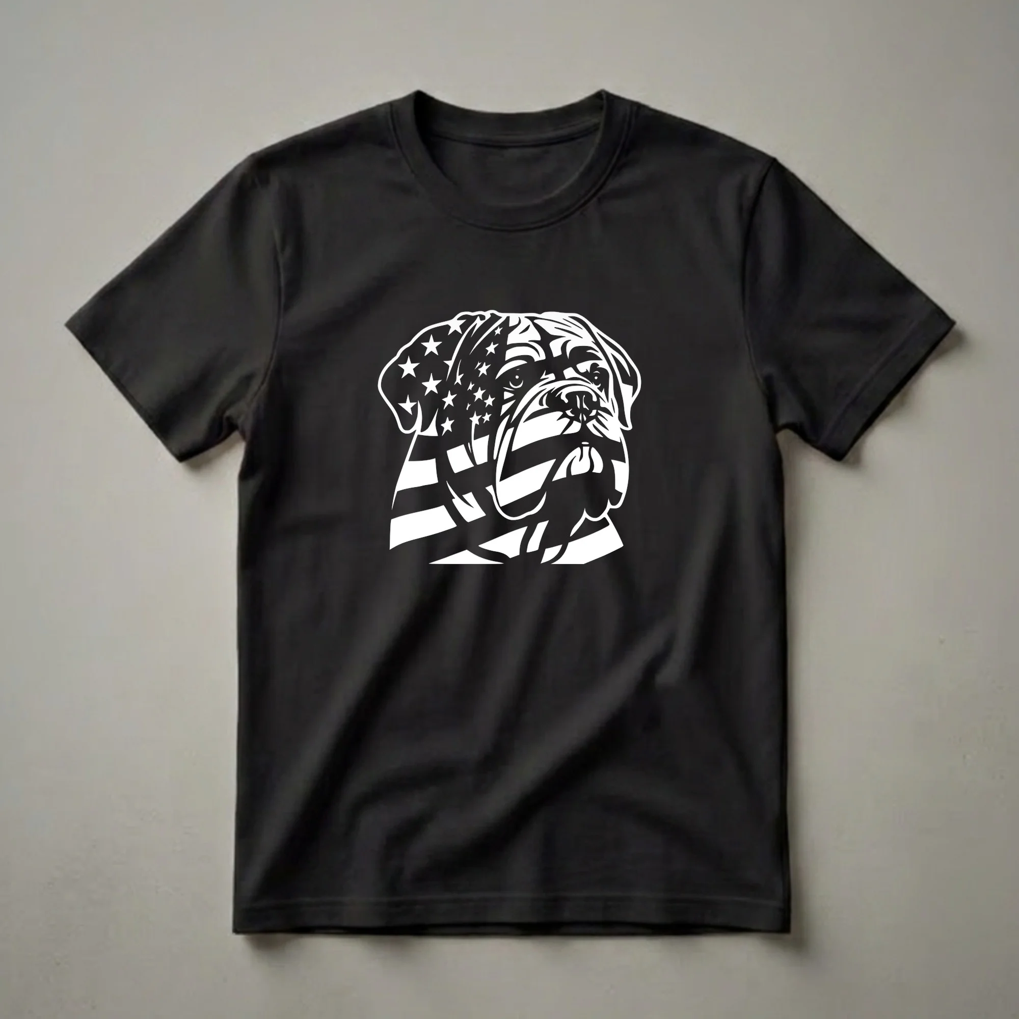 White graphic of a Bullmastiff dog's head with the American flag design on its face, displayed on a black t-shirt.