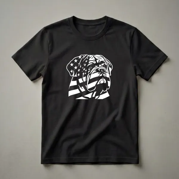 White graphic of a Bullmastiff dog's head with the American flag design on its face, displayed on a black t-shirt.