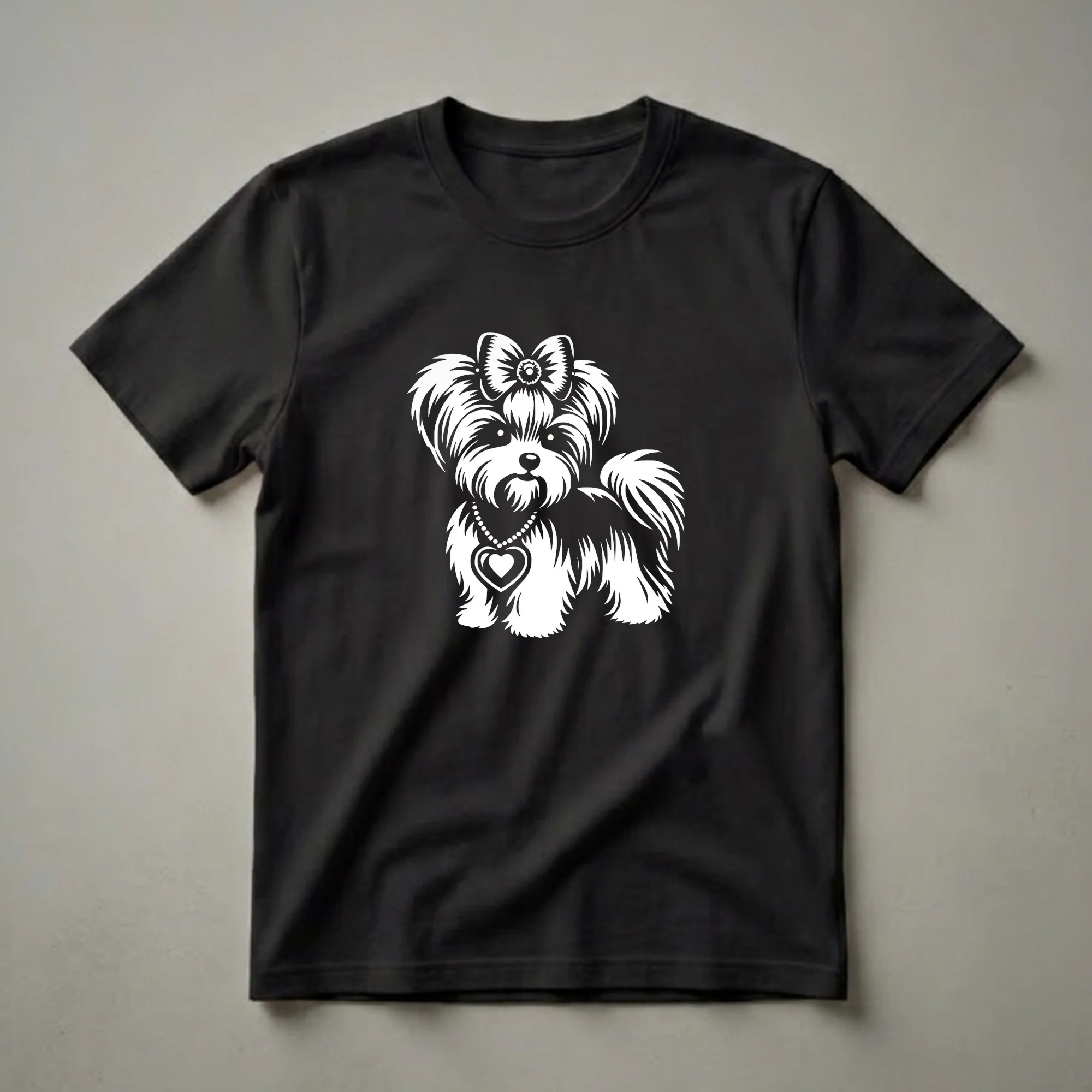 White graphic of a small, fluffy Morkie dog wearing a bow and a heart pendant necklace, set against a black background.