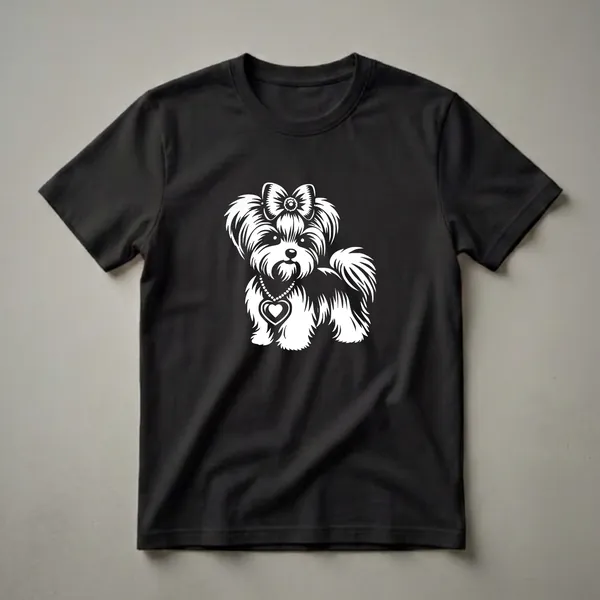 White graphic of a small, fluffy Morkie dog wearing a bow and a heart pendant necklace, set against a black background.