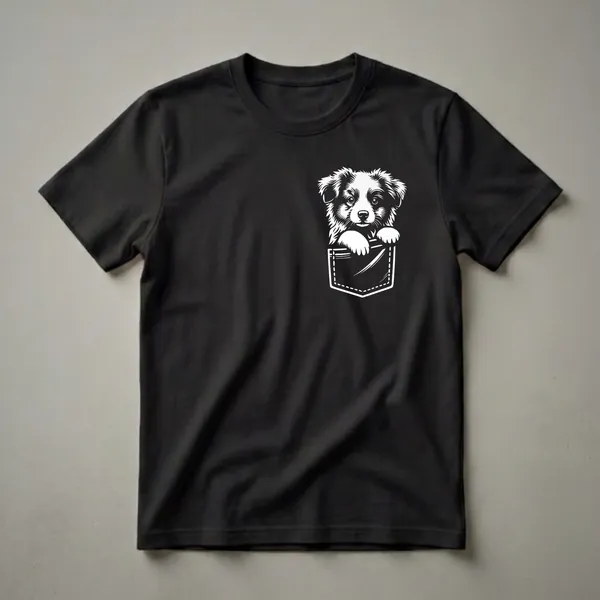 Black t-shirt with a white graphic of a cute Australian Shepherd puppy peeking out of a faux pocket, showing its paws and fluffy head.