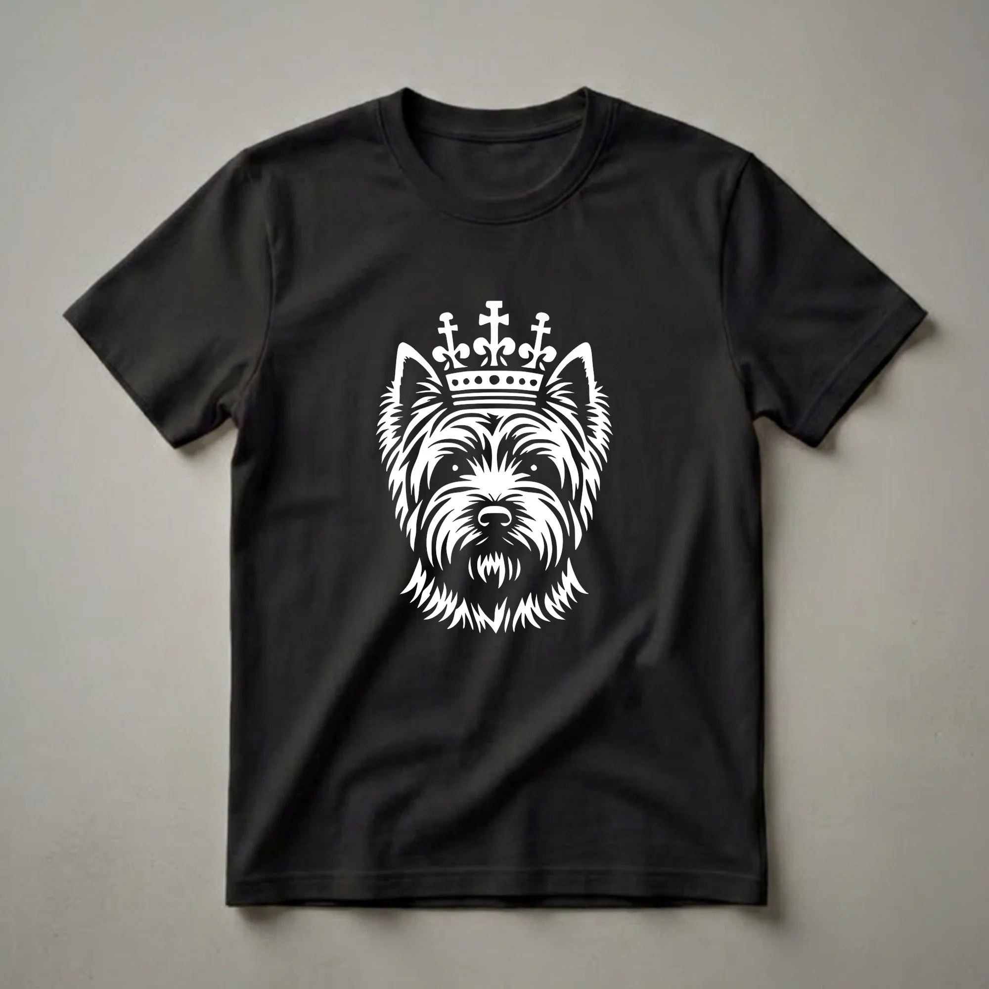 White graphic of a Cairn Terrier dog wearing a crown, set against a black background. The design highlights the dog's facial features and the intricate details of the crown.
