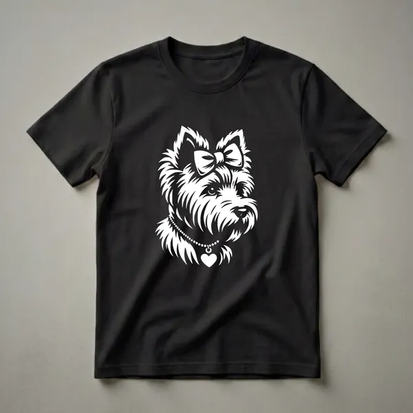 White graphic of a Cairn Terrier dog's head wearing a bow and a beaded necklace with a heart pendant, on a black shirt.