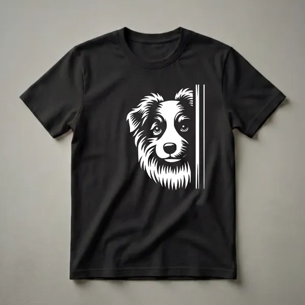White graphic of an Australian Shepherd dog's face peeking from the left side against a black background, with three vertical white lines on the right.