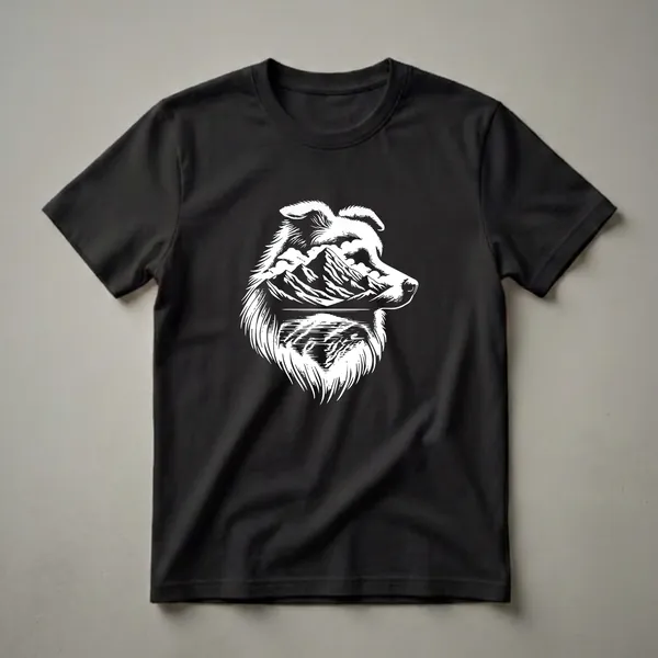 White graphic design of an Australian Shepherd dog's head filled with a mountain range and a lake, printed on a dark t-shirt.