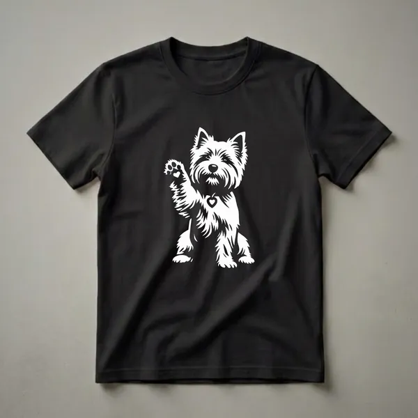 White graphic of a Cairn Terrier dog sitting and waving its paw, wearing a heart pendant, on a black t-shirt.