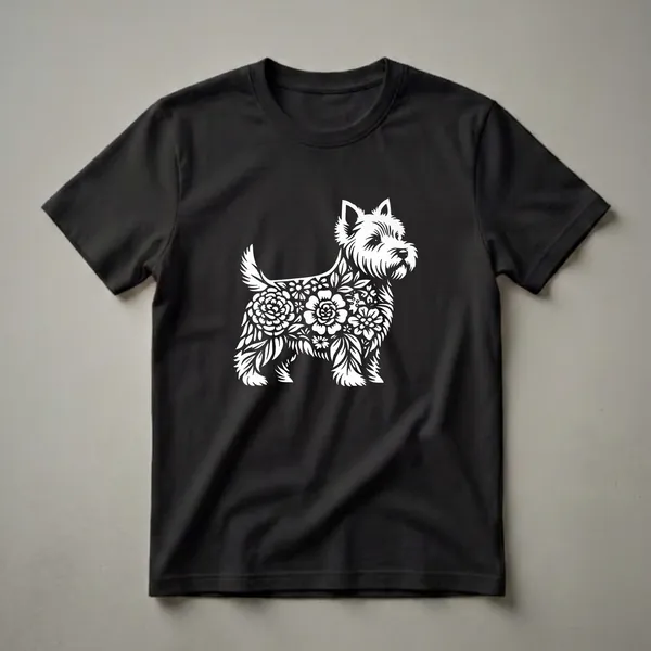 White floral Cairn Terrier dog graphic on a black t-shirt, showcasing intricate flower and leaf patterns filling the dog's silhouette.