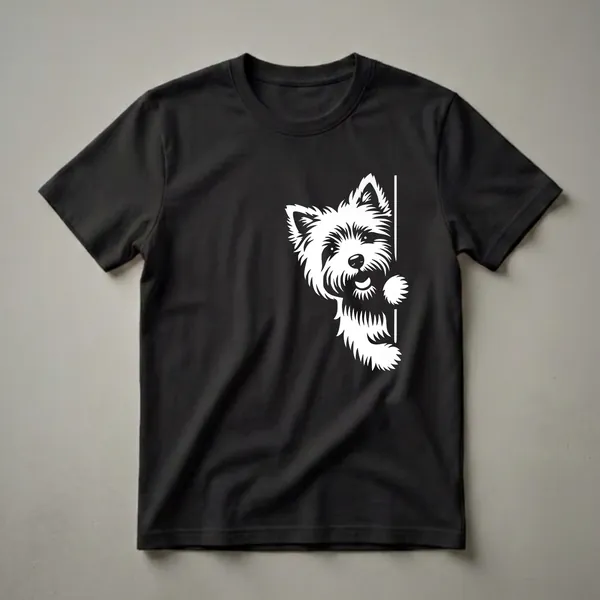 White graphic of a Cairn Terrier dog peeking from the right side, showing its head, ears, and one paw against a black background.