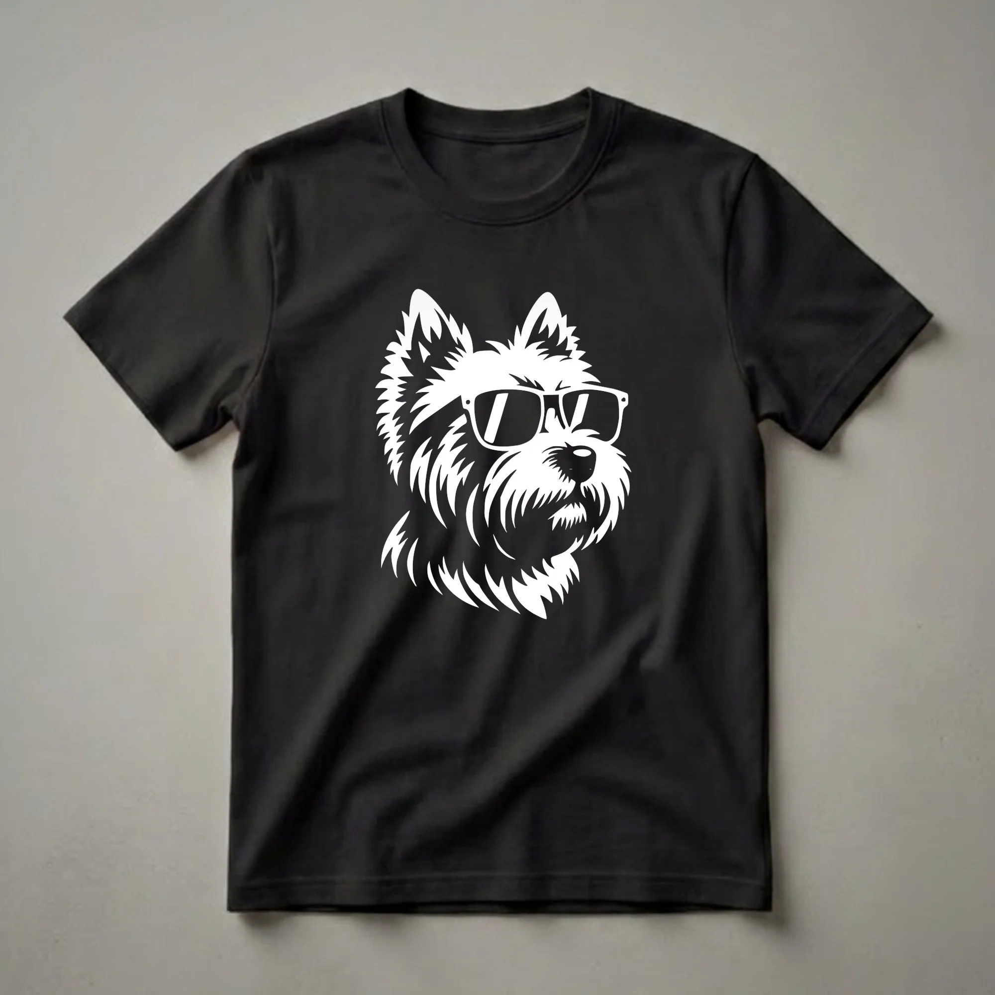 White graphic of a Cairn Terrier dog wearing black sunglasses against a black background.