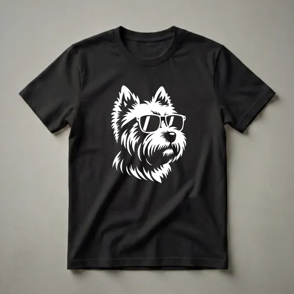 White graphic of a Cairn Terrier dog wearing black sunglasses against a black background.