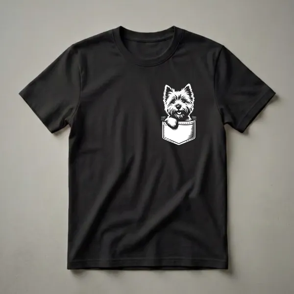 Black t-shirt with a white graphic of a Cairn Terrier dog peeking out of a pocket, showing its head and one paw.