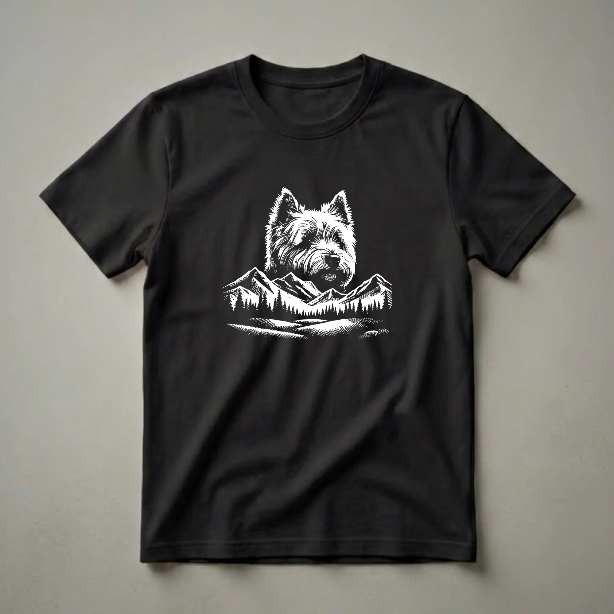 White graphic of a Cairn Terrier's head above a mountain and pine tree landscape on a black t-shirt.