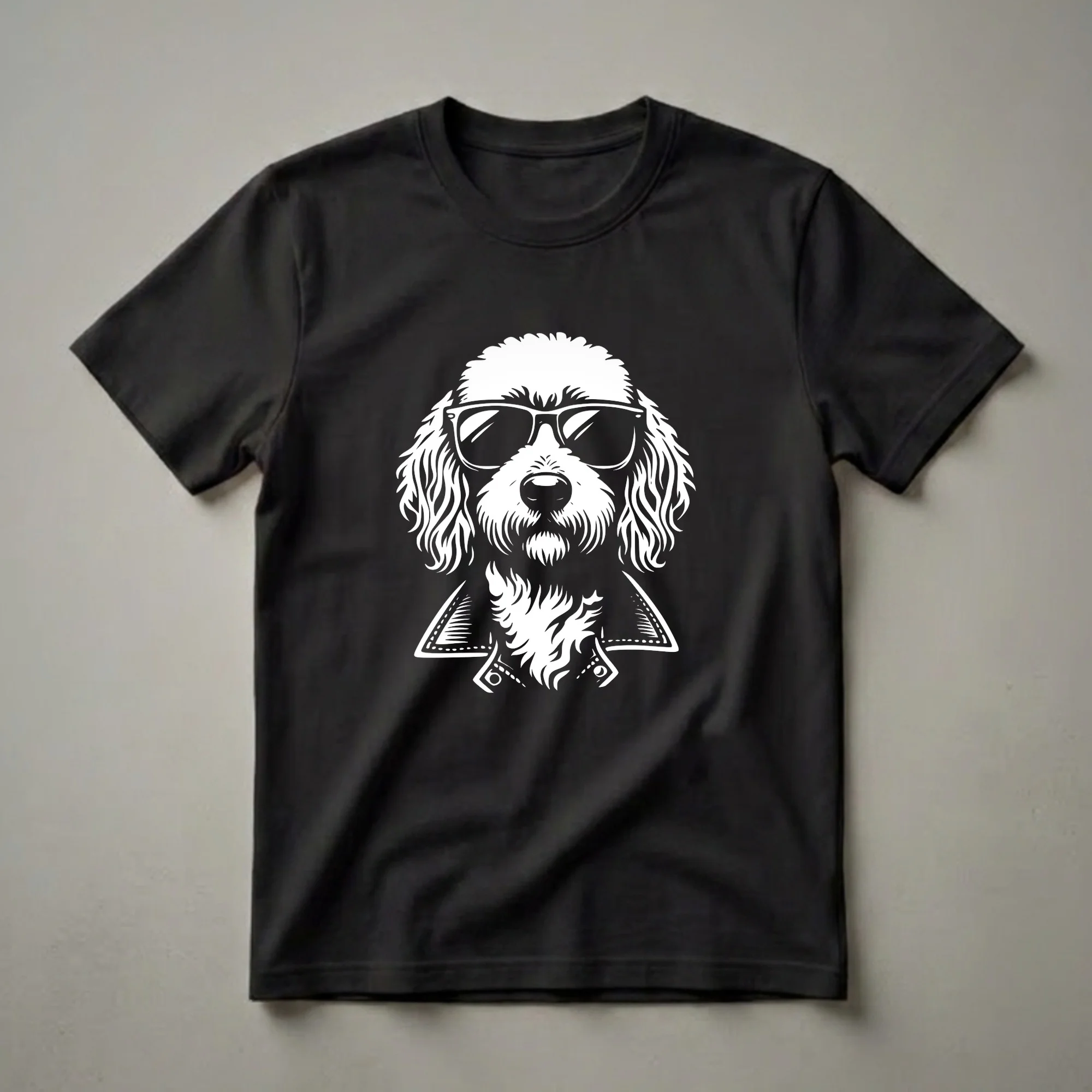 White graphic of a Goldendoodle dog wearing sunglasses and a jacket, set against a black background.