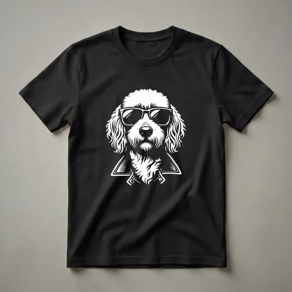 White graphic of a Goldendoodle dog wearing sunglasses and a jacket, set against a black background.
