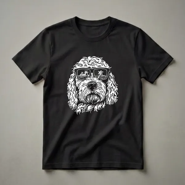White line art graphic of a Goldendoodle dog wearing sunglasses that reflect a beach scene with palm trees, set against a black background.