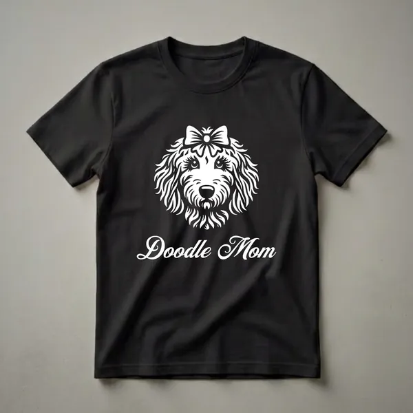 Black t-shirt with a white graphic of a Goldendoodle dog's face wearing a bow, and the text 'Doodle Mom' below.
