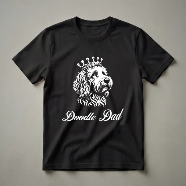 White graphic of a Goldendoodle dog wearing a crown and the text 'Doodle Dad' on a black t-shirt.