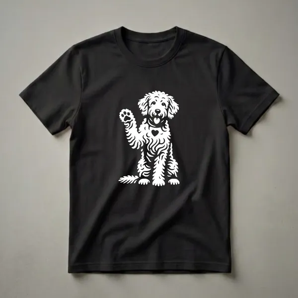 White graphic of a Goldendoodle dog sitting and waving with a paw raised, wearing a collar with a heart design, on a black t-shirt.