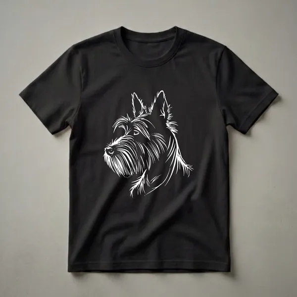 Black t-shirt with a white line art sketch of a Scottish Terrier dog's head in profile, showcasing its distinctive facial features and textured fur.