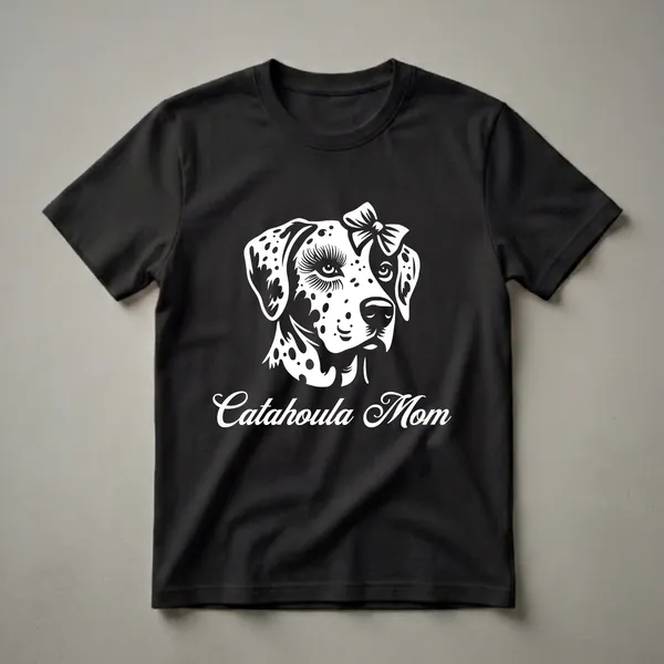 White graphic of a Catahoula dog's head with a bow and 'Catahoula Mom' text on a black t-shirt.