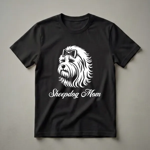White graphic of an Old English Sheepdog's head with a bow and the text 'Sheepdog Mom' on a black t-shirt.