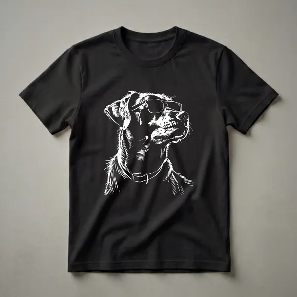 White line art graphic of a Catahoula dog wearing black sunglasses and a collar, set against a black background.