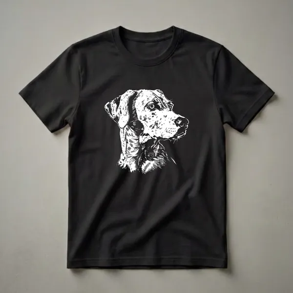 Black and white graphic illustration of a Catahoula Leopard Dog's head in profile, with detailed linework showing its spotted coat and alert eyes.