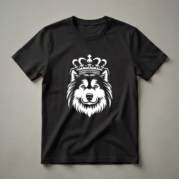 White graphic of an Alaskan Malamute dog wearing a detailed crown, set against a black background. This shirt is for dog lovers.
