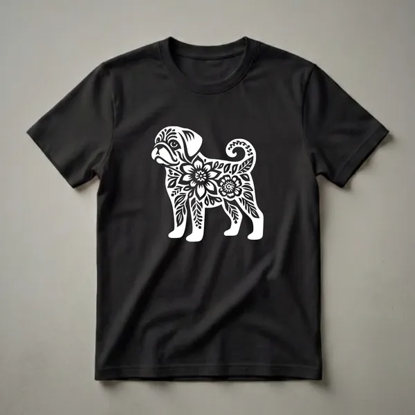 White floral puggle dog silhouette graphic on a black t-shirt, showcasing intricate flower and leaf patterns filling the dog's outline.