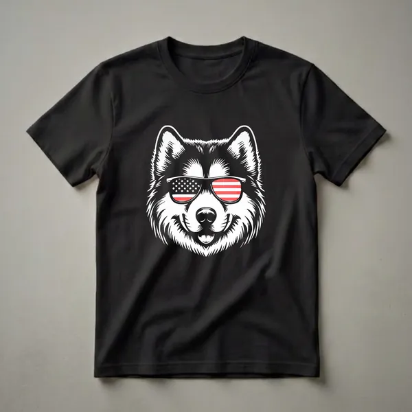 White and black graphic of an Alaskan Malamute dog wearing sunglasses with the American flag design, on a black background.