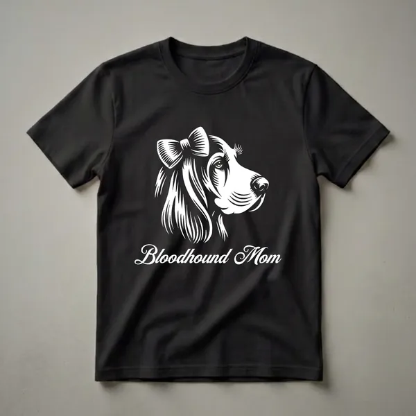 White graphic of a Bloodhound dog's head with a bow and the text 'Bloodhound Mom' on a black shirt.
