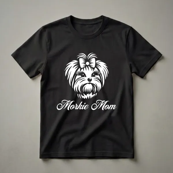 White graphic of a Morkie dog's face with a bow and the text 'Morkie Mom' on a black t-shirt.