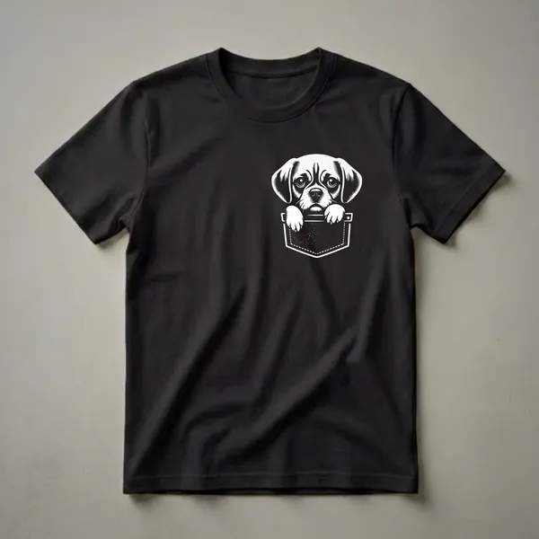 Black t-shirt with a white graphic of a Puggle dog peeking out of a pocket, showing its face and paws.