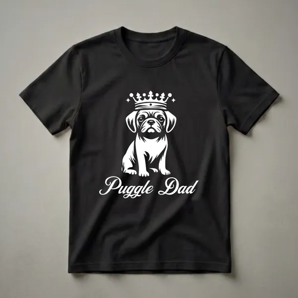 White graphic of a puggle dog wearing a crown and the text 'Puggle Dad' on a black t-shirt.