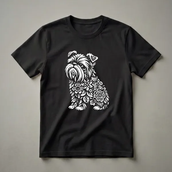 White floral Brussels Griffon dog graphic on a black t-shirt, featuring intricate flower and leaf patterns filling the dog's outline.
