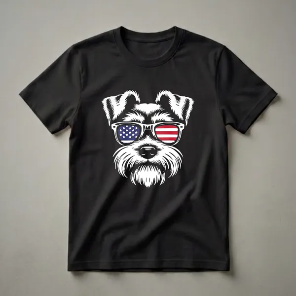 White graphic of a Miniature Schnauzer dog wearing sunglasses with the American flag design, set against a black background.