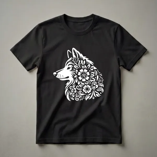 White graphic of a Norwegian Elkhound's head in profile, filled with intricate floral and leaf patterns, on a black t-shirt.