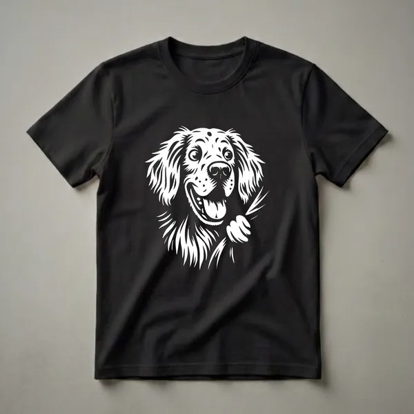 White graphic of a happy peeking English Setter dog with its tongue out, on a black background.