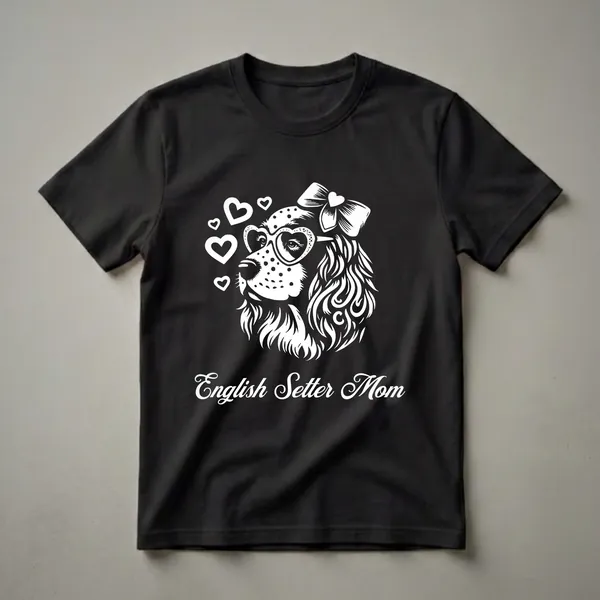 White graphic on a black shirt featuring the head of an English Setter wearing heart-shaped glasses and a bow, surrounded by hearts, with the text 'English Setter Mom' below.