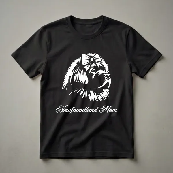 White graphic of a Newfoundland dog's head wearing a bow, with the text 'Newfoundland Mom' below, on a black t-shirt.