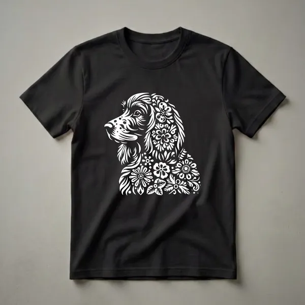 White floral graphic of a Boykin Spaniel dog's head and upper body against a black background.