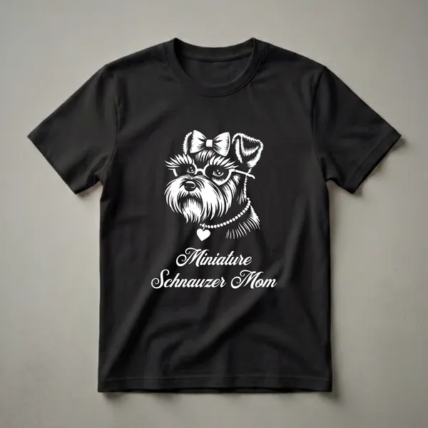 White graphic of a Miniature Schnauzer wearing a bow, glasses, and a pearl necklace with a heart charm, with the text 'Miniature Schnauzer Mom' below, on a black t-shirt.