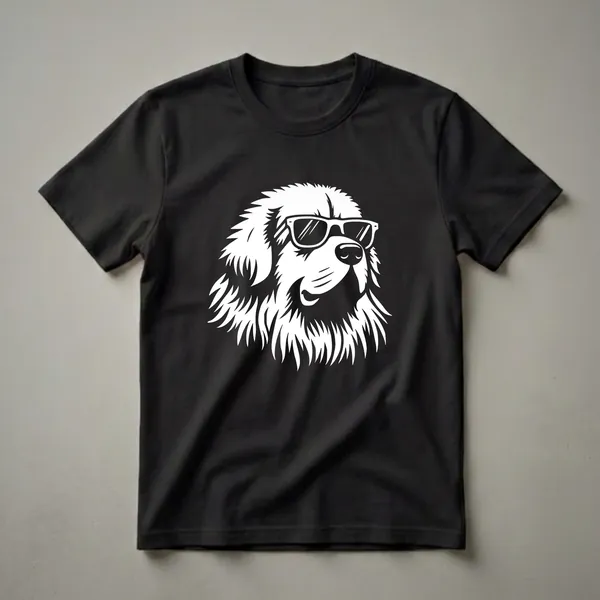 White graphic of a Newfoundland dog wearing black-rimmed sunglasses, set against a black background.